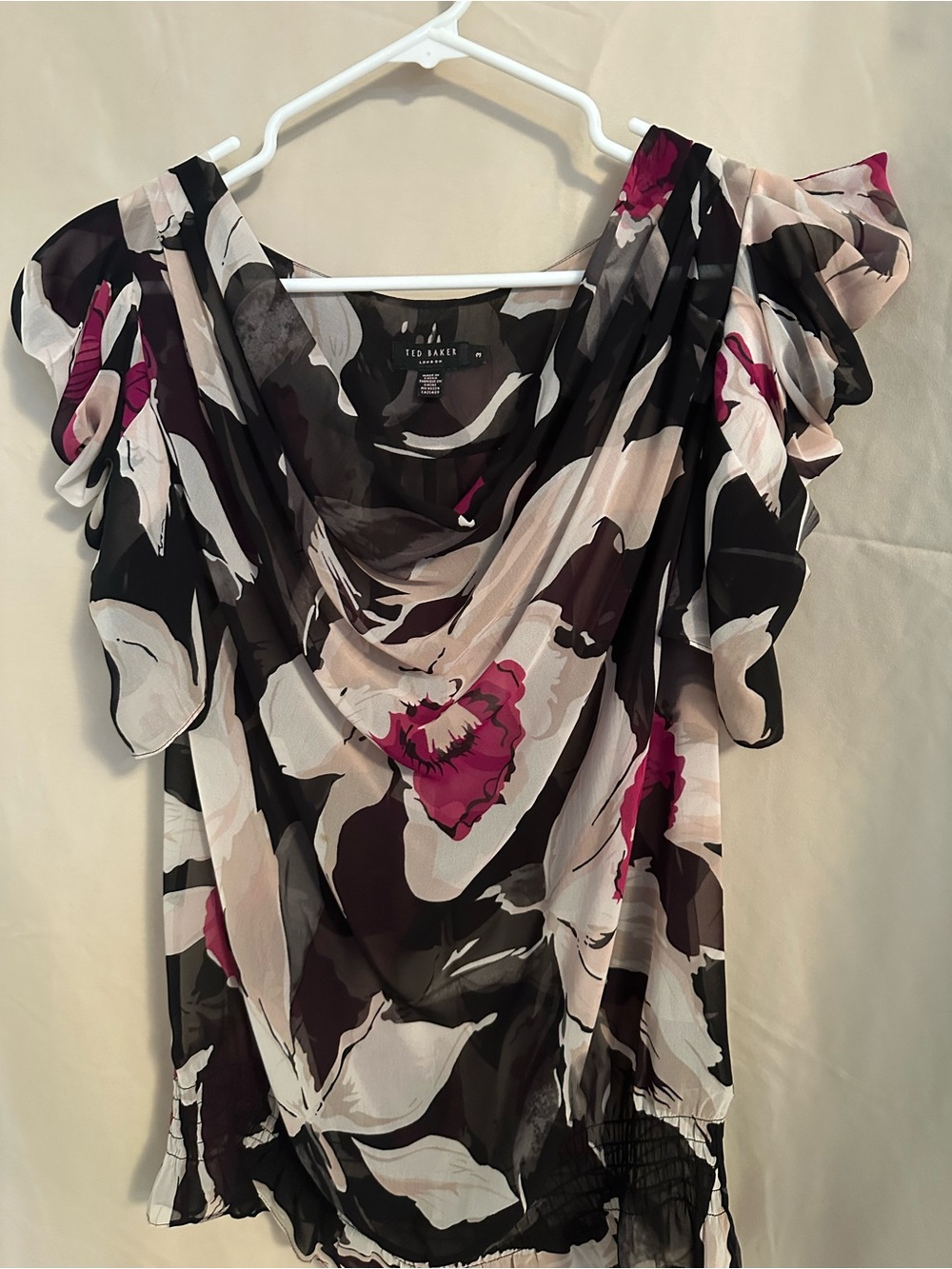 Ted Baker Black Floral Cowl-Neck Blouse with Pink Accents